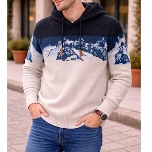 Men's Large Winter Ski Scene Hooded Sweater Navy Cream Colorblock Toggle Knit